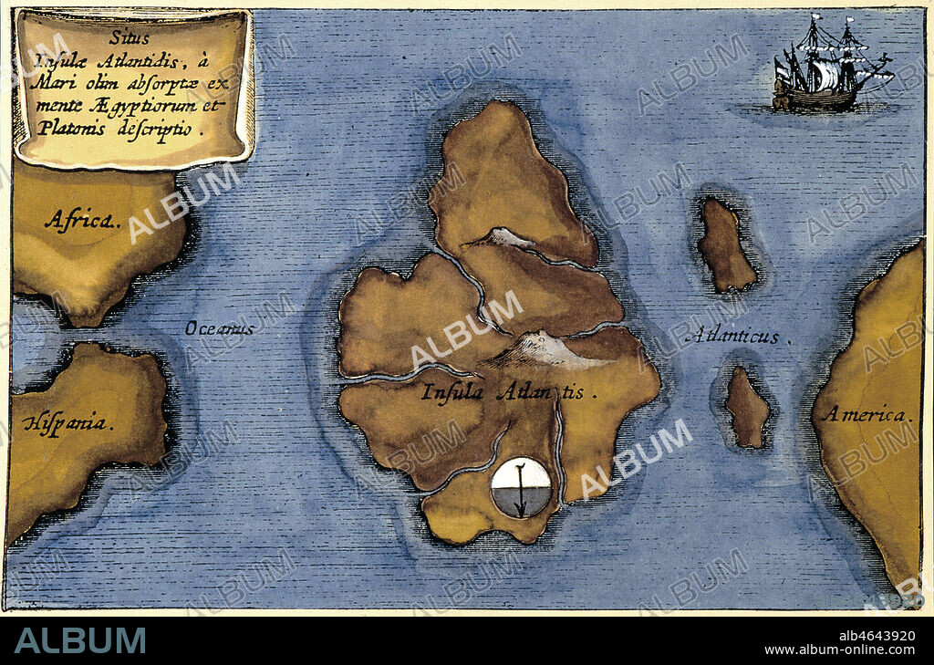 Carte de L'ile legendaire de l'ATLANTIDE , d'apres Athanase Kircher (1602-1680). Gravure mise en couleurs. Credit Collection Kharbine Tapabor.