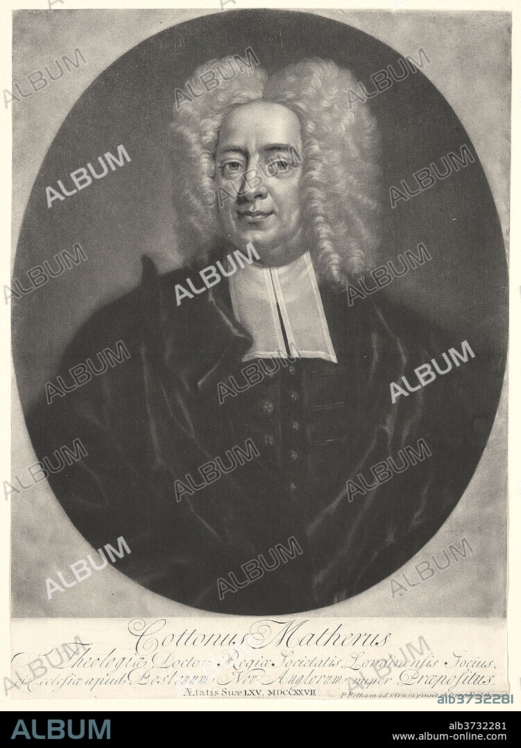 PETER PELHAM. Cotton Mather. Dated: 1727. Dimensions: image: 30.16 × 24.77 cm (11 7/8 × 9 3/4 in.)  sheet: 34.13 × 24.77 cm (13 7/16 × 9 3/4 in.). Medium: mezzotint.