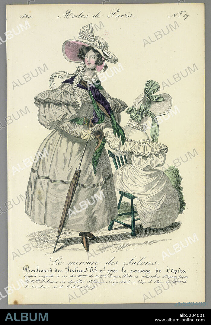 Fashion Plate from Le Mercure des Salons, Modes de Paris, Wood engraving, brush and watercolor on paper, Two women in walking dresses. One stands left, wearing a gray dress and pink lined bonnet, and holding an umbrella. The other, in white, sits right. Title above and below., Paris, France, 1830, Print, Print.