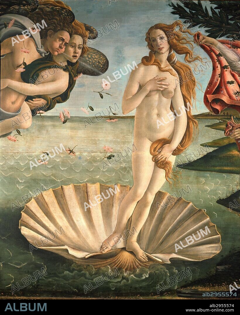 SANDRO BOTTICELLI. The Birth of Venus, 1478. Detail of the Birth of Venus in scallop shell.