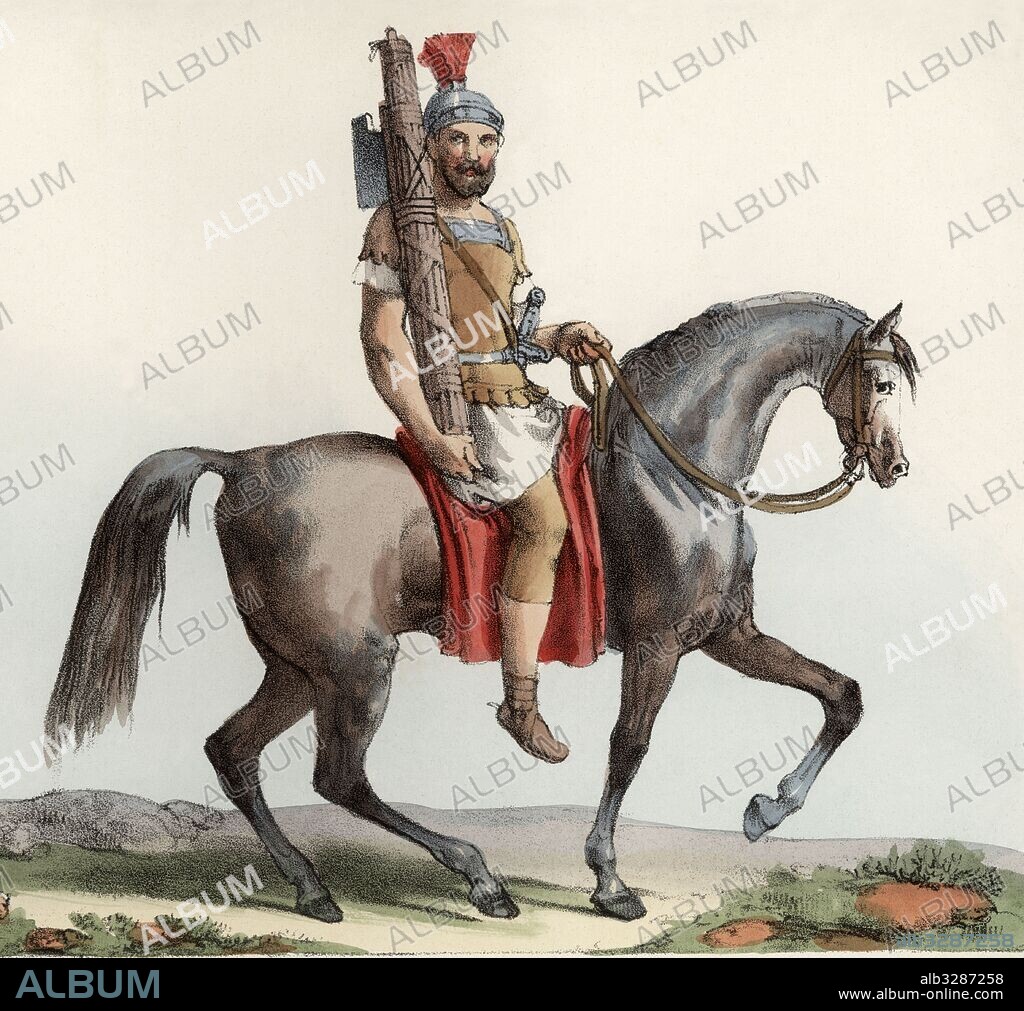 Roma. Edad antigua. Lictor a caballo portando el fasces. Miembro de una clase especial de funcionarios públicos en la antigua Roma, cuya tarea era proteger a los magistrados del imperio. Grabado de 1900.