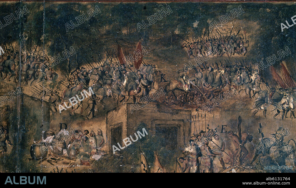 JUAN Y MIGUEL GONZALEZ PINTORES SIGLO XVII. RETIRADA ESPAÑOLA-NOCHE TRISTE- HERNAN CORTES Y SU EJERCITO - ENCONCHADO RELIZADO EN 1698.