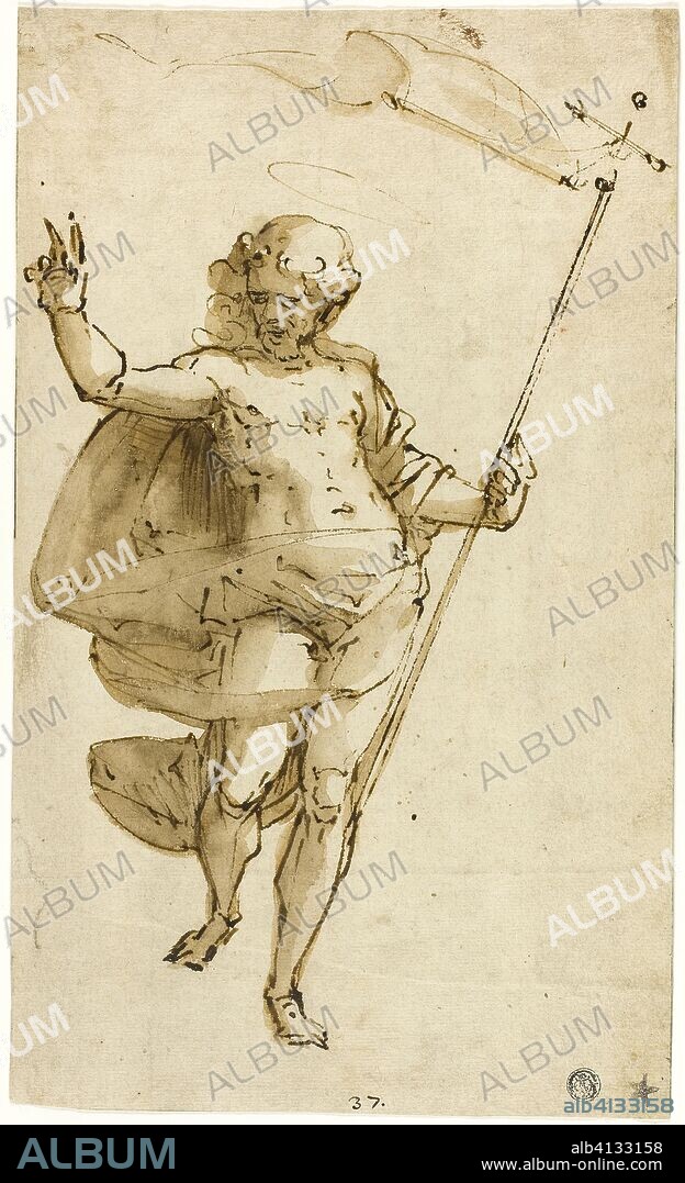 Resurrected Christ. Luca Cambiaso; Italian, 1527-1585. Date: 1557-1561. Dimensions: 335 x 201 mm. Pen and brown ink and brush and brown wash, on tan laid paper, laid down on cream laid paper. Origin: Italy.