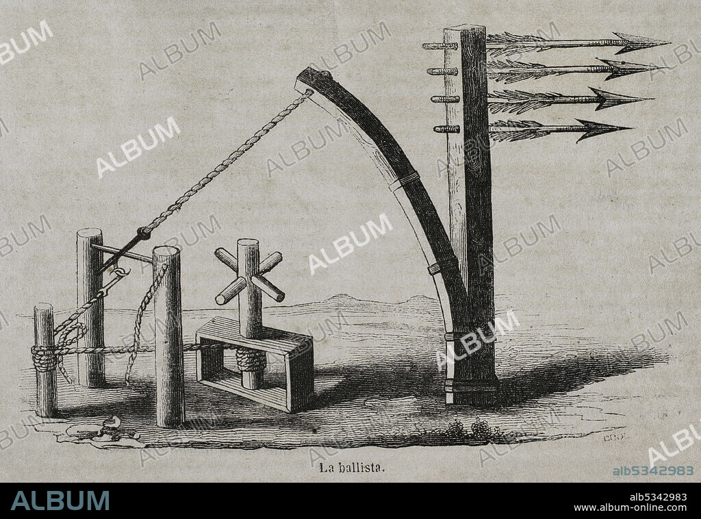 Historia Antigua. La balista o ballista. Antigua arma de asedio que lanzaba flechas, dardos y jabalinas. Grabado. Historia General de España por el Padre Mariana. Madrid, 1852.