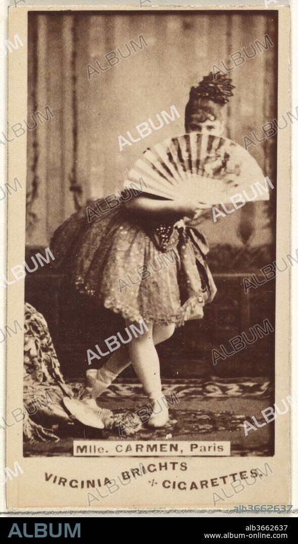 Mlle. Carmen, Paris, from the Actors and Actresses series (N45, Type 1) for Virginia Brights Cigarettes. Dimensions: Sheet: 2 3/4 x 1 3/8 in. (7 x 3.5 cm). Publisher: Issued by Allen & Ginter (American, Richmond, Virginia). Date: ca. 1888.
Trade cards from the "Actors and Actresses" series (N45, Type 1), issued ca. 1888 by Allen & Ginter to promote Virginia Brights, Dixie, Our Little Beauties and Opera Puffs Cigarettes.