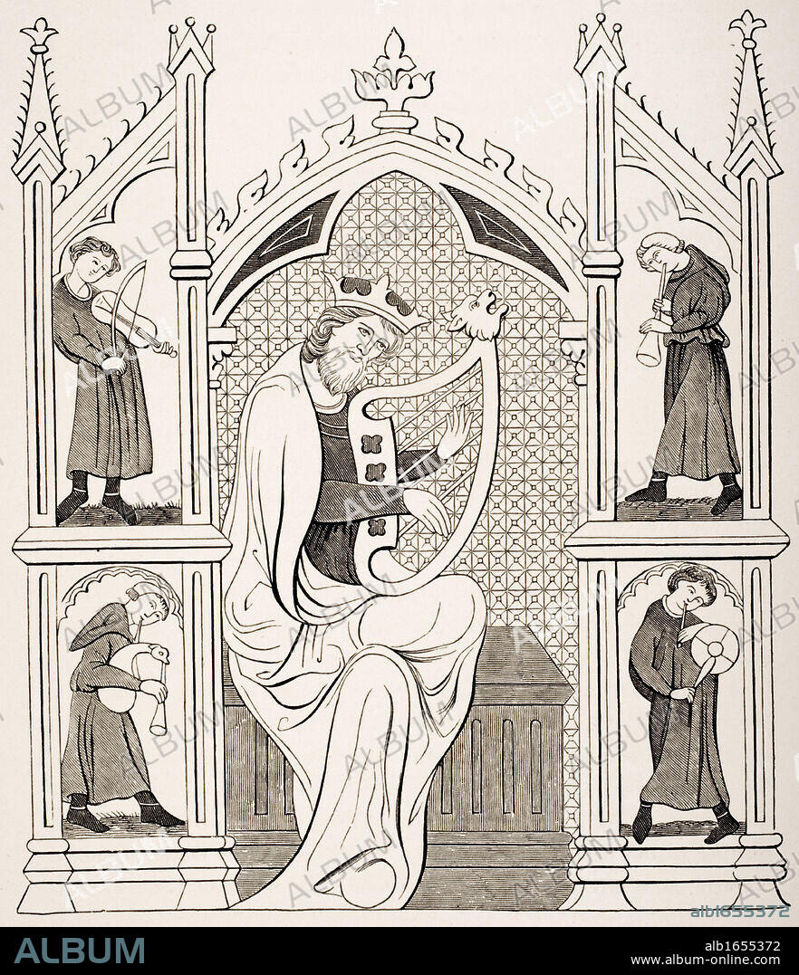 King David playing on the lyre surrounded by four musicians. All wearing costumes of the 13th century. From miniature in a manuscript psalter.
