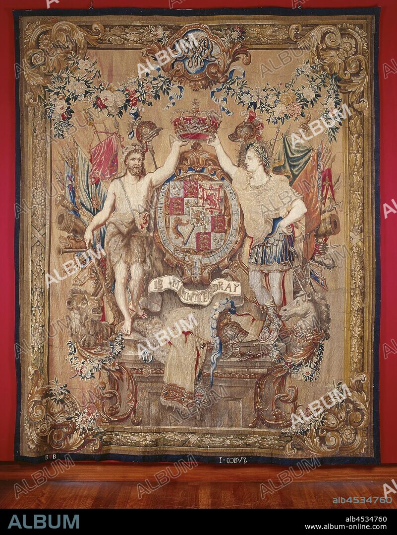 Carpet of King William III, Stadtholder of the Netherlands, and Queen Mary Stuart II, Tapestry of William III, King-Stadtholder (1650-1702), from a series of eight (type A, with the standing gods figures). Marked with the Brussels coat of arms and signed I. COBVS., Coat of arms (symbol of sovereignty), crown (symbol of sovereignty), (story of) Hercules (Heracles), (story of) Apollo (Phoebus), Willem III ( Prince of Orange and King of England, Scotland and Ireland), Maria II Stuart (Queen of England, Jan Cobus, c. 1689 - c. 1694, ketting, inslag, silk, metal thread, tapestry, h 292.0 cm × w 244.0 cm.