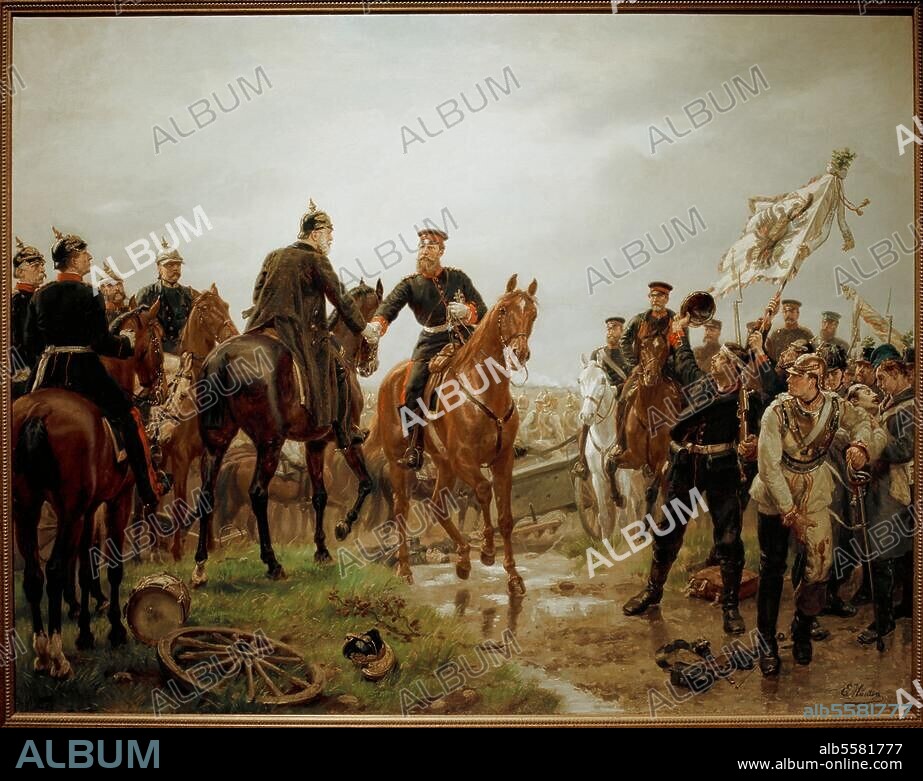 EMIL HÜNTEN. Deutscher Krieg 1866 / Schlacht bei Königgrätz am 3. Juli 1866. - "Die Schlacht von Königgrätz" (König Wilhelm I. überreicht seinem Sohne Friedrich Wilhelm, späterem Kaiser Friedrich III., den Orden Pour le Merite auf dem Schlachtfeld von Königgrätz). Gemälde, um 1885, von Emil Hünten (1827-1902). Öl auf Leinwand, 85 × 110 cm. Berlin, Deutsches Historisches Museum.