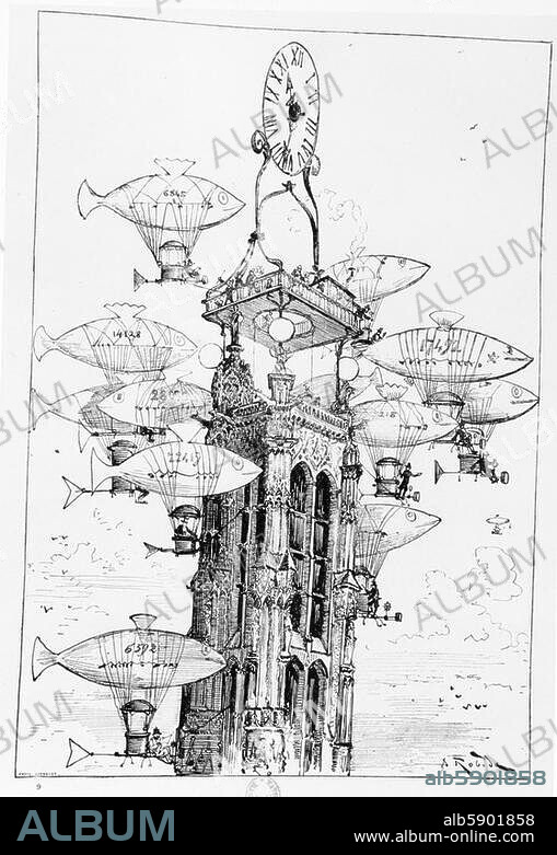 Luftfahrt / allgemein. "La station d'aérocabs de la Tour Saint-Jacques" (Utopische Darstellung: Tour Saint-Jacques in Paris als Haltestelle von Lufttaxen). Lithographie von Albert Robida (1848-1926). Aus: A.Robida, Le Vingtième Siècle (Das zwanzigste Jahrhundert), Paris. (G.Decaux) 1883. Paris, Bibliothèque Nationale.