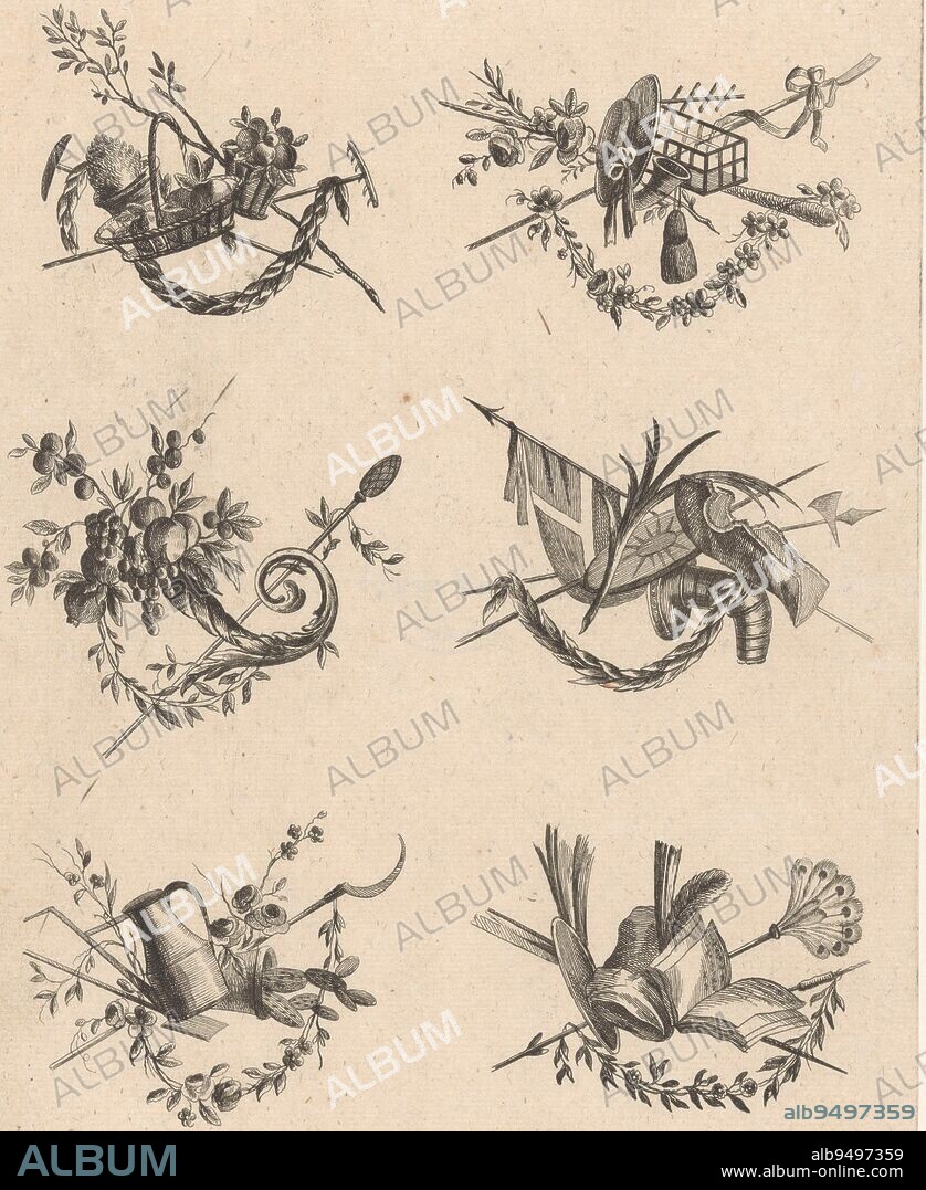 Six trophies with various attributes including baskets, a rake, a hat, a staff, a cage, a horn of plenty with thyrsus, weapons and armor, a watering can, a sickle, a book and a fan, Trophies with agricultural objects and horn of plenty T Cahier De Troph, print maker: anonymous, intermediary draughtsman: Pierre Ranson, (mentioned on object), publisher: Johann Martin Will, (mentioned on object), intermediary draughtsman: Paris, publisher: Augsburg, 1746 - 1806, paper, etching, h 289 mm × w 203 mm.