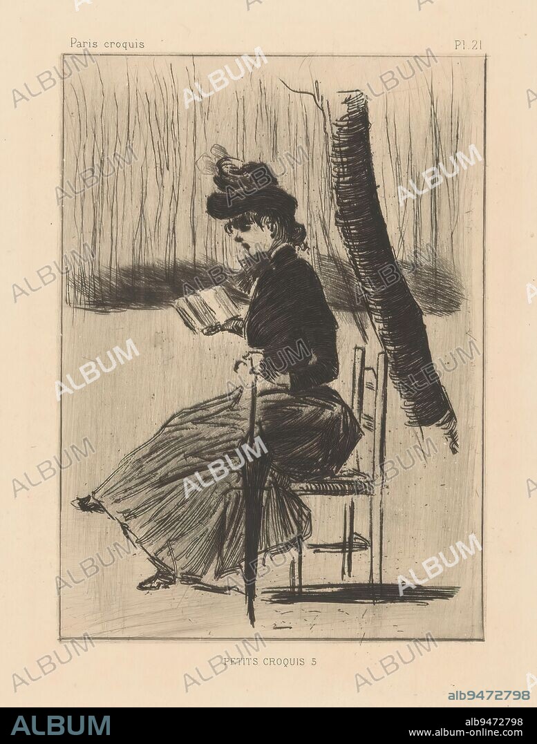 Woman with a book and umbrella on a chair outside, Petits Croquis 5 (title on object), Numbered top right: Pl. 21., print maker: Henri Boutet, 1888 - 1889, paper, drypoint, height 160 mm, width 116 mm.
