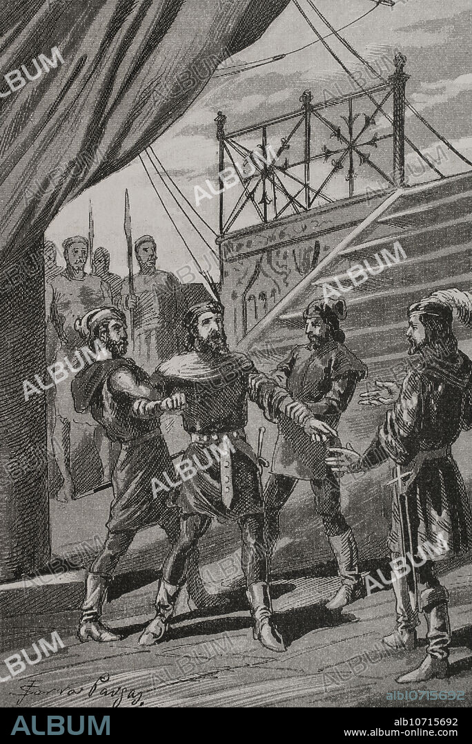 JOAN SERRA PAUSAS (ACTIVE 1861-1902). En 1298 la flota de Jaime II de Aragón (1267-1327) recibió orden de atacar a su hermano Federico II de Sicilia (1272-1337), también llamado Federico III de Aragón, por su negativa a acatar lo decidido en la Paz de Anagni (20 de junio de 1295). Una parte de la flota, capitaneada por Juan de Lauria, sobrino del almirante Roger de Lauria, fue derrotada cerca de Mesina, siendo hecho prisionero junto a muchos otros. Federico ordenó decapitar a Juan de Lauria, provocando la reacción del rey Jaime II y del almirante Roger de Lauria atacando y derrotando completamente a la flota siciliana en 1299. Prisión de Juan de Lauria. Grabado por Serra Pausas. "Glorias Españolas". Tomo II. Publicada en Barcelona, 1890.