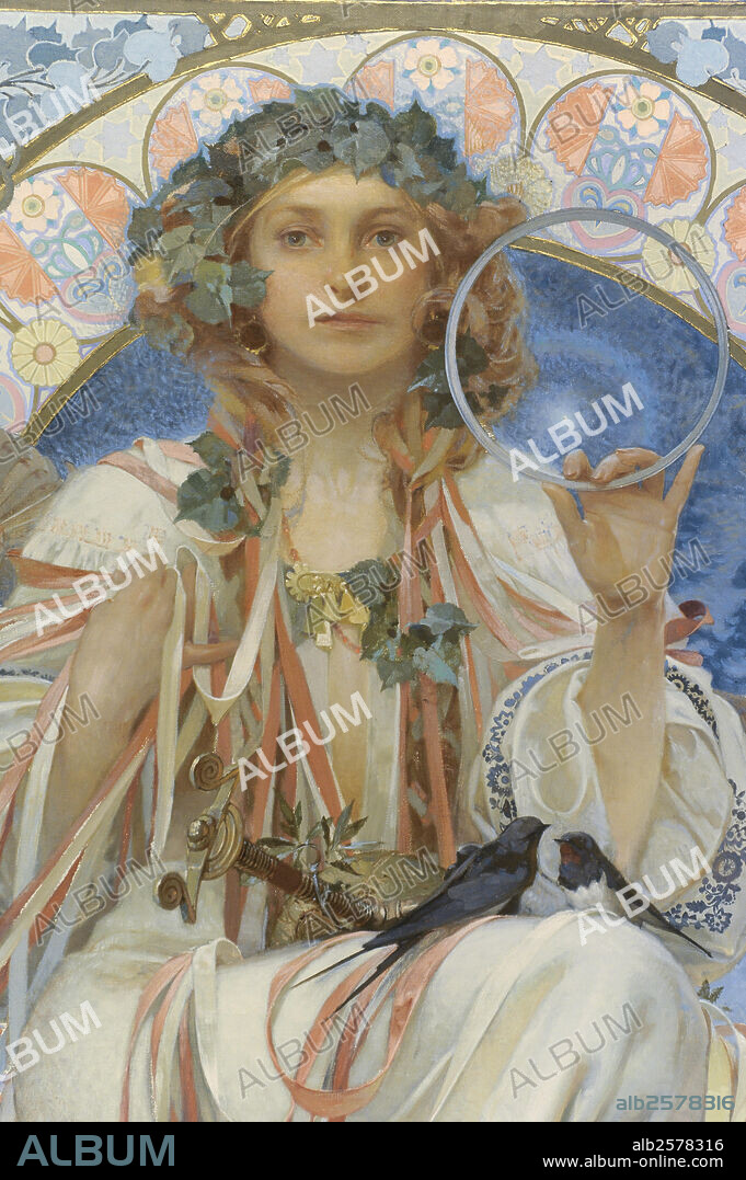 ALPHONSE MUCHA. ARTE SILGO XX. ALFONS MUCHA (1860-1939). Pintor y decorador checo y máximo exponente del Art Nouveau. Retrato de Josephine Crane-Bradley como Slavia,1908. Oleo y tempera sobre lienzo. Galería Nacioanl de Praga. República Checa. Detalle.