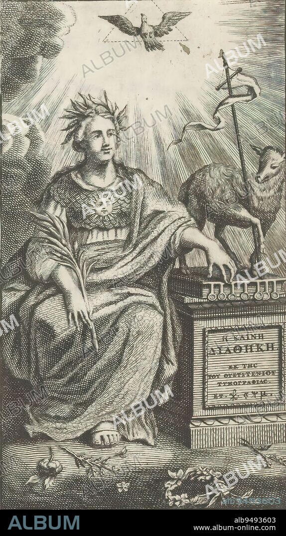 Faith next to altar with lamb on book with the seven seals, Title page for: Johannes Leusden, He Kaine Diatheke. Novum Testamentum, 1740, The personification of faith with laurel wreath, palm branch and sun on chest sits beside an altar with Greek book title. On the altar the lamb with banner on the book of the seven seals. In the sky a dove in triangle and halo symbolizing the holy spirit., print maker: anonymous, publisher: Jacobus Wetstein, publisher: Gabriel Smith, Amsterdam, 1740, paper, etching, engraving, height 134 mm × width 72 mm.