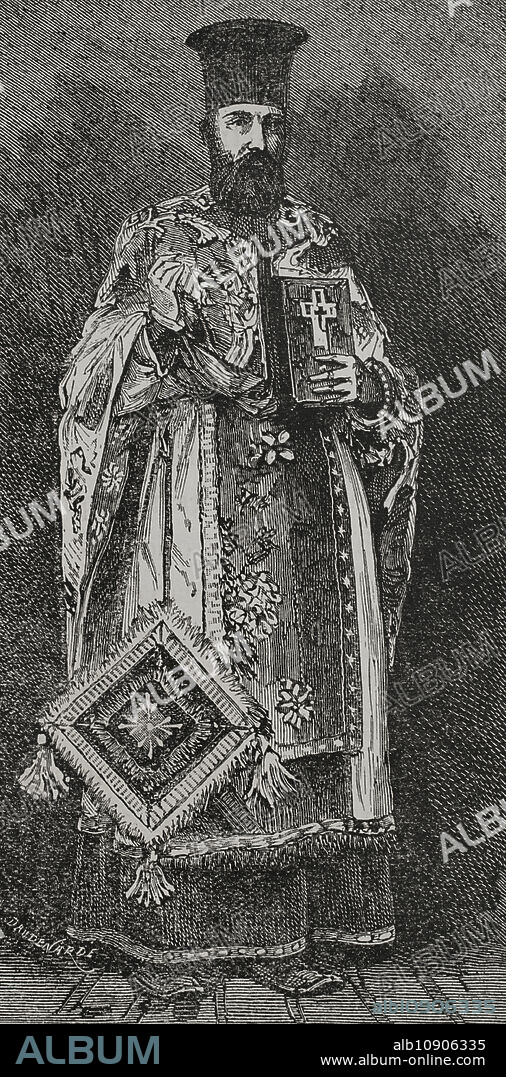 Joseph I of Bulgaria (Lazar Yovchev) (1840-1915). Archimandrite or Exarch of the Bulgarian Orthodox Church (1877-1915). Portrait. Engraving. "La Guerra de Oriente" (The Russo-Turkish War). Volume I. 1877.