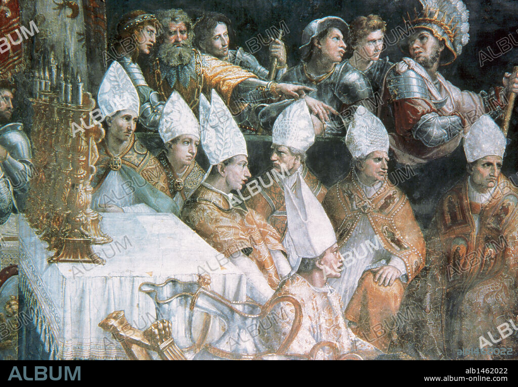 ARTE RENACIMIENTO. ITALIA. RAFAEL, Raffaello Santi o Sanzio, llamado (Urbino, 1483-Roma, 1520). Pintor italiano. "CORONACION DE CARLOMAGNO". Obra encargada por el papa Julio II en 1508 para la decoración de sus Nuevas Estancias. (Detalle). Stanze di Raffaello. Vaticano.