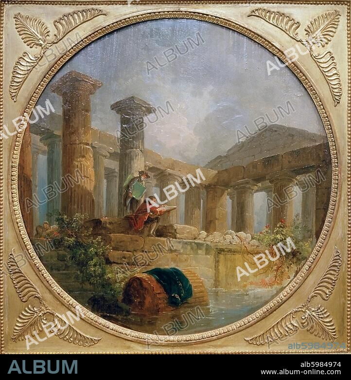 Paestum (Italie), temple de Poséidon (temple d'Héra ; art de la Grande Grèce, v. 460 av. J.-C.). "Dessinateurs dans les ruines du temple de Paestum". Huile sur bois, tondo, v. 1762/65, de Hubert Robert (1733- 1808). H. 0,42. ; L. 0,408. Inv. Nr. M.P.Lav. 1894-188.
