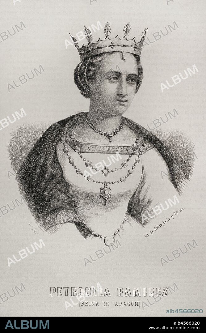 Petronila I de Aragón (1136-1173). Reina de Aragón (1157-1164) y condesa consorte de Barcelona (1162-1164). Litografía. Crónica General de España, Historia Ilustrada y Descriptiva de sus Provincias. Aragón, 1866. Biblioteca Histórico Militar de Barcelona, Cataluña, España.