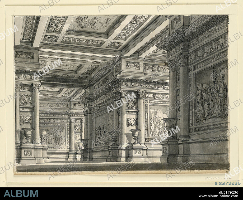 Stage Design, Room in the Palace of Titus for the Opera 'La Clemenza di Tito' by Mozart, Romolo Achille Liverani, Italian, 1809 - 1872, Alessandro Sanquirico, Italian, 1777 - 1849, Pen and black ink, brush and gray wash on white laid paper, Horizontal rectangle. Interior of vast hall decorated with pictures on walls in architectural setting., Milan, Italy, 181819, theater, Drawing, Drawing.
