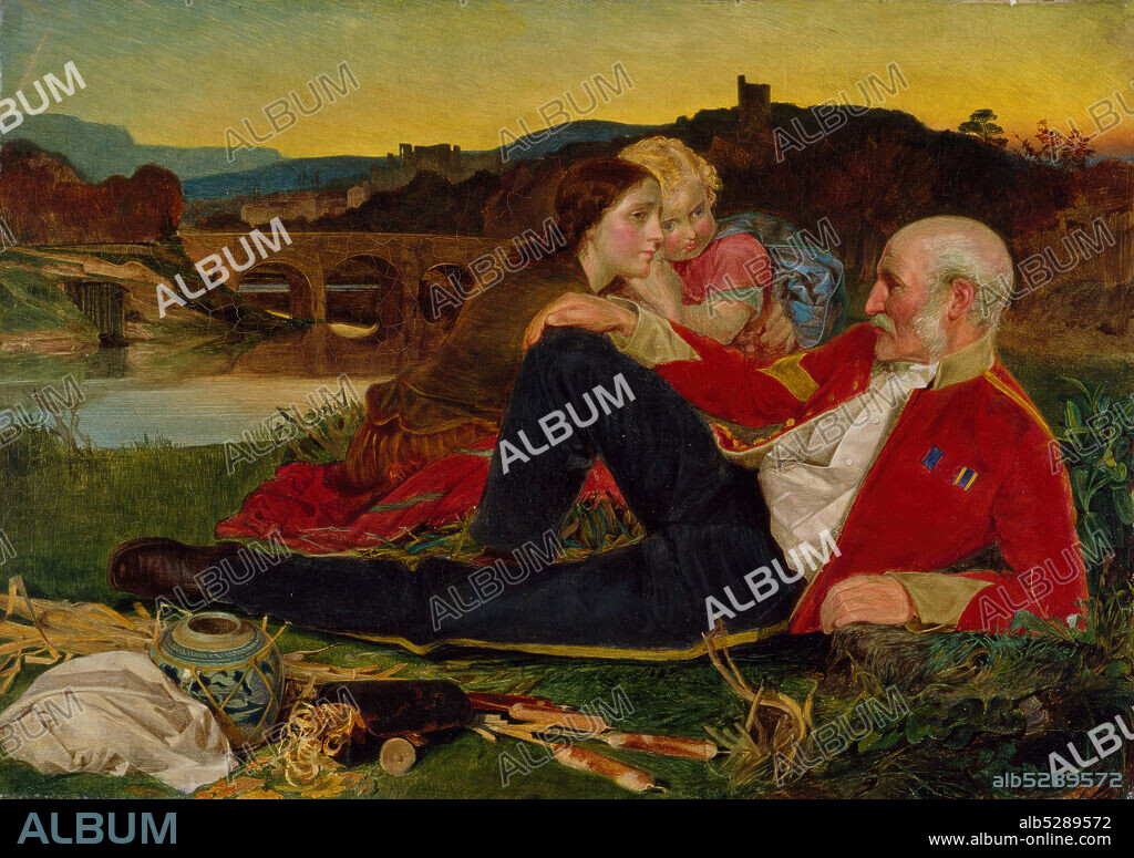 FREDERICK AUGUSTUS SANDYS. Autumn 1860-1862. An ageing soldier is depicted reclining on a river bank watched attentively by a woman and a child. The three figures appear to symbolise the three stages of life whilst the title, the setting sun and the ruin in the background focus on the last stage of old age and death. The painting is set in Norwich, where Sandys grew up, and the bridge is said to be Bishop's Bridge.