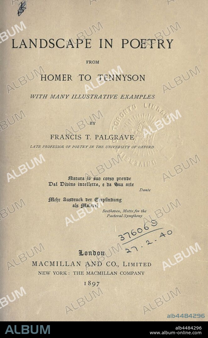 Landscape in poetry from Homer to Tennyson : Palgrave, Francis Turner, 1824-1897.