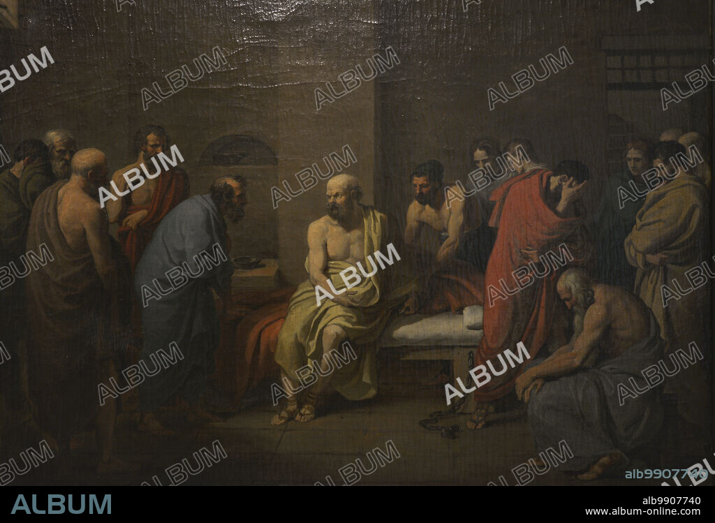 GIUSEPPE DIOTTI (1779-1846). ITALIAN PAINTER.. Sócrates (h. 470 a.C. - 399 a.C.). Filósofo griego. Acusado de corromper a la juventud, fue condenado a muerte por la Heliea (Tribunal Supremo de la Antigua Atenas). La Muerte de Sócrates. Oleo sobre lienzo del pintor italiano Giuseppe Diotti (1779-1846). Museo Cívico Ala Ponzone. Cremona. Lombardía. Italia.