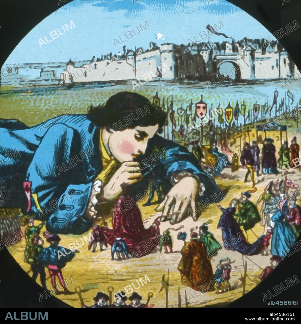 Gulliver is granted his freedom, lantern slide, late 19th century. 'The emperor himself, in person, did me the honour to be by at the whole ceremony. I made my acknowledgements by prostrating myself at his majesty's feet...'. A scene from "Gulliver's Travels" by Jonathan Swift, first published in 1726. One of a series of 12 'Superior Lithographic Coloured Lantern Slides...with Lecture complete', made in England c1870-1900.