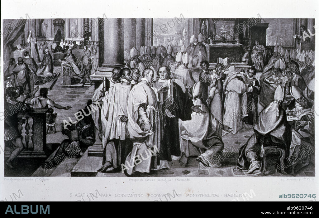 Third Council of Constantinople, held between 680-681d.C under Pope Agathon and the reign of Constantine Pogonat, engraving on a fresco of the Vatican, engraver: Dujardin, printing: Lemercier, Paris, 1868.