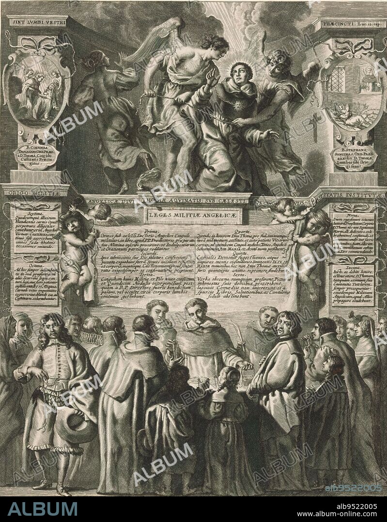 Institution of the brotherhood Militia Angelica Thomae Aquinatis, Origo Militiae Angelicae, divi Thomae Aquinatis; sub caelesti eius cingulo castitatis, institutae (title on object), Institution of the brotherhood Militia Angelica Thomae Aquinatis under the seal of chastity, 7 March 1649. St. Thomas Aquinas is given a chastity belt by two angels. Below handing out chastity belts in the streets to clergy and citizens by members of the fraternity. The brotherhood was founded at the University of Leuven by the Dominican Franciscus Deurwerders. In the center, the ten commandments of the Militia., print maker: Richard Collin, after drawing by: Erasmus Quellinus (II), Ambrosius Nachtegael, Southern Netherlands, 1649, paper, engraving, height 366 mm × width 287 mm.