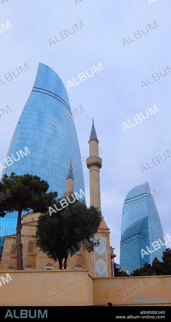 The Flame Towers, a trio of skyscrapers in Baku, Azerbaijan. The Towers symbolize the long history of fire worshippers that considered Azerbaijan as a birthplace for the prophet Zoroaster. Construction began in 2007, with completion in 2012.HOK was the architect for the project.