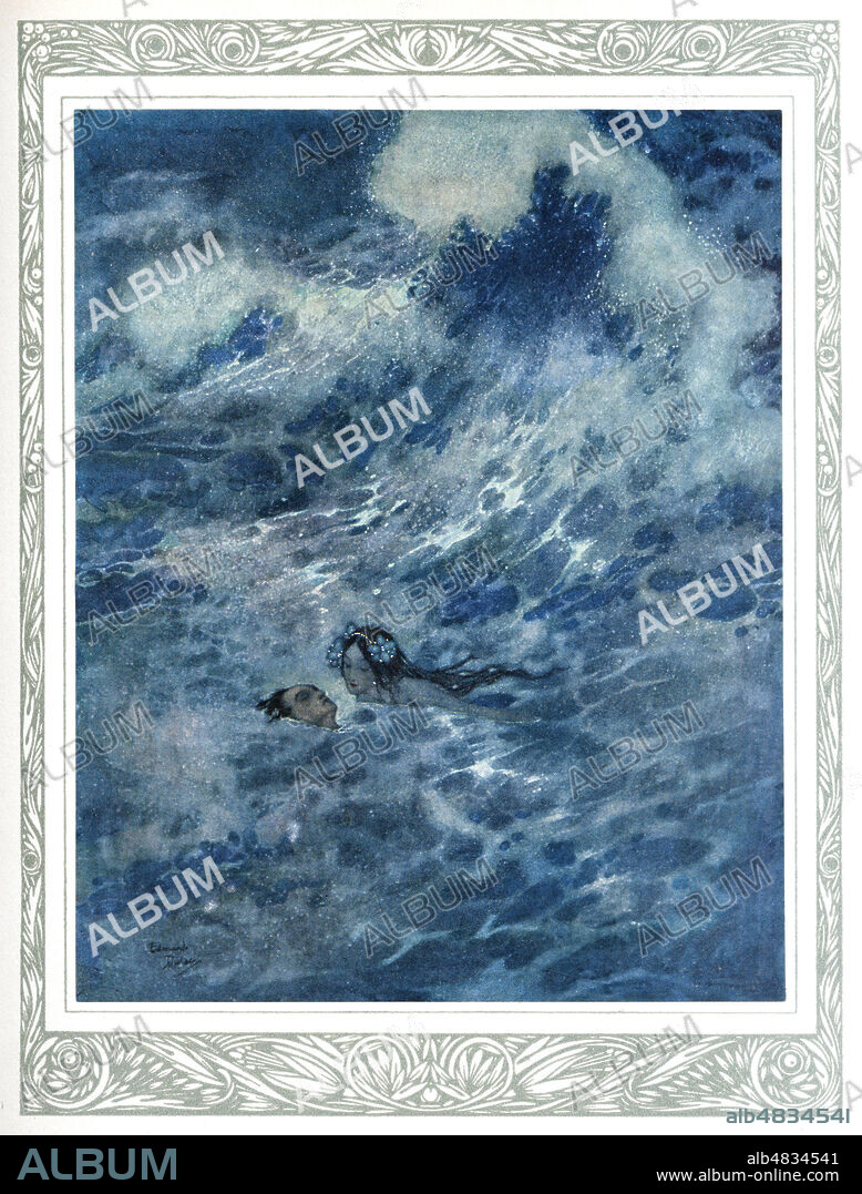 LA PETITE SIRENE " La petite sirene lui tint la tete hors de l'eau et se laissa porter par les vagues " Illutration Edmond ou Edmund DULAC (1882-1953= ADAGP) pour COntes d'ANDERSEN , de Hans christian ANDERSEN, Edit d'Art Piazza, 1911. Credit : Coll Privee KHARBINE TAPABOR.