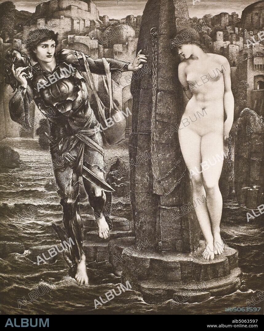 The Perseus Series, The Rock of Doom,1900 After: Sir Edward Burne-Jones (d.1898) Publisher: Berlin Photographic Company, 19th Century, Armour, Print, WomenPre-Raphaelite, Photographic print, Photogravure, Rocks, Nude, Men.