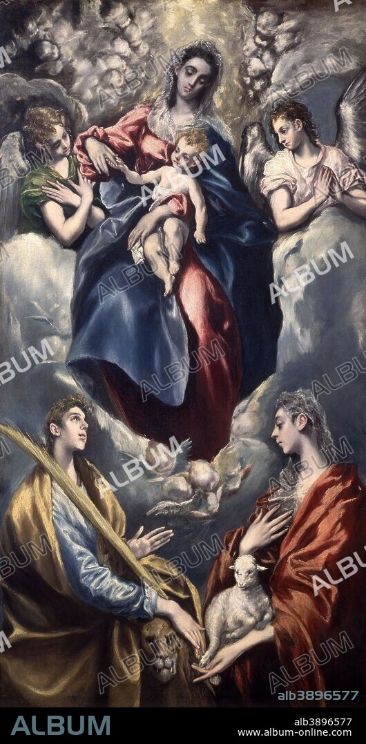 EL GRECO. Madonna and Child with Saint Martina and Saint Agnes. Date/Period: Between 1597 and 1599. Painting. Oil on canvas. Height: 193.5 cm (76.1 in); Width: 103 cm (40.5 in).