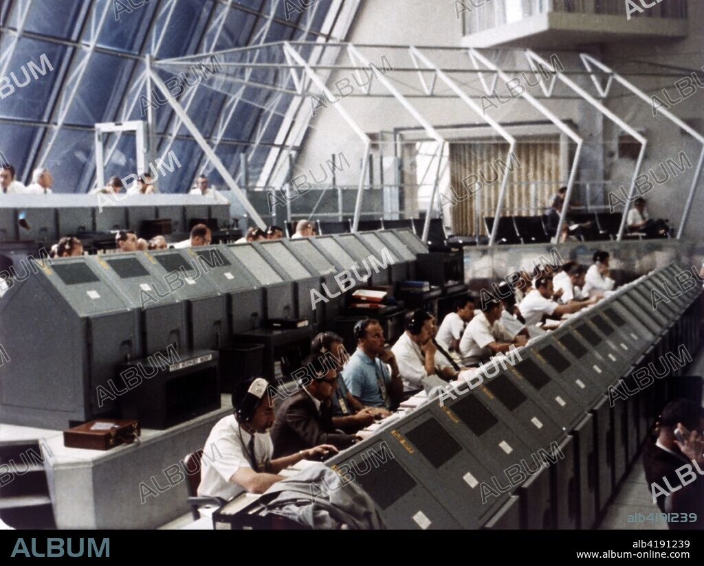Launch Control Center in the John F Kennedy Space Center, Merritt Island, Florida, USA, July 1969. Apollo 11 was launched by a Saturn V rocket from Kennedy Space Center on 16 July 1969. It was the fifth manned Apollo mission, and was the first to land on the Moon. The Apollo 11 Lunar Module, code named Eagle, with US astronauts Neil Armstrong and Buzz Aldrin on board, landed in the Sea of Tranquillity on 20 July 1969.