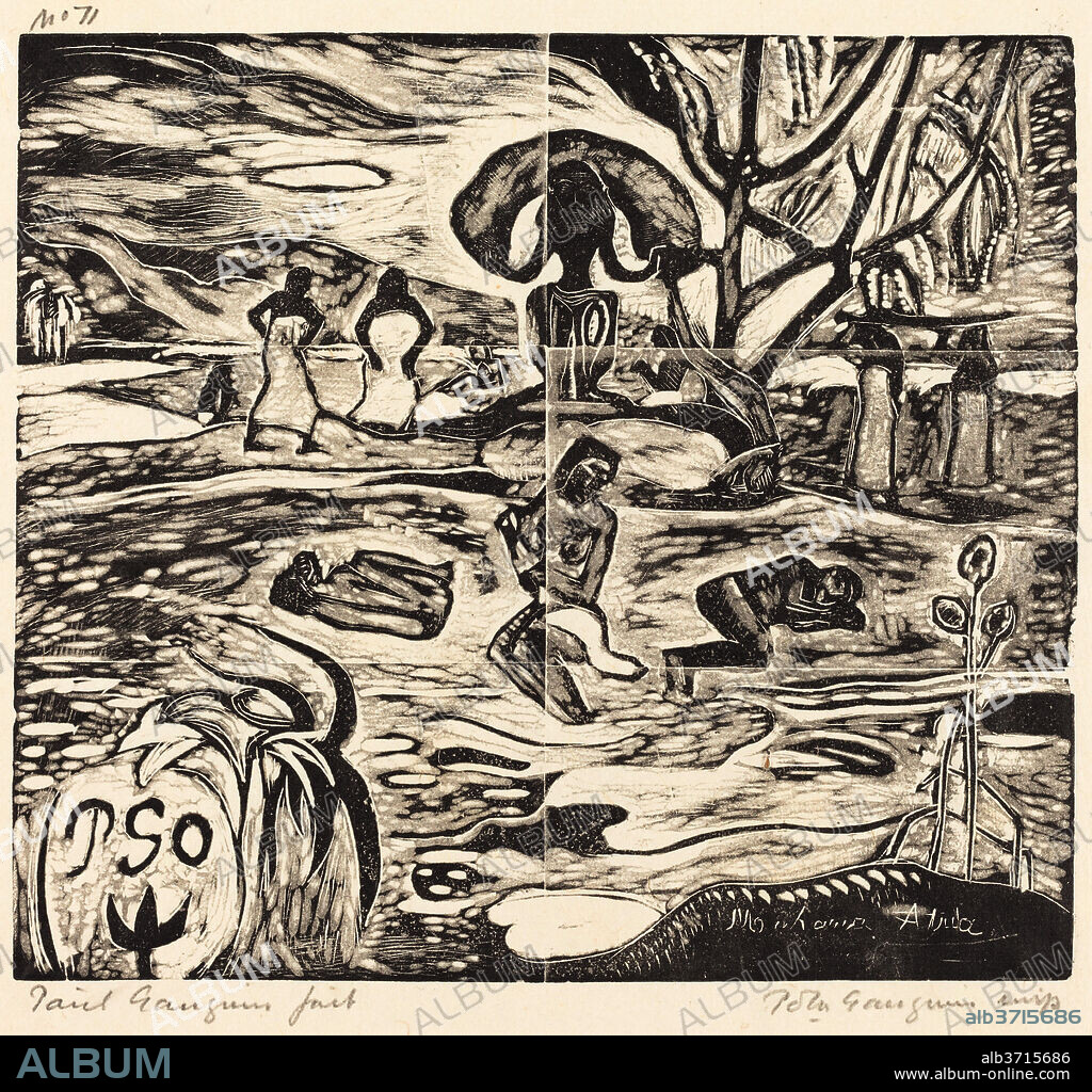 PAUL GAUGUIN. Mahana Atua (The Food of the Gods). Dated: 1894/1895. Medium: woodcut printed in black and gray by Pola Gauguin in 1921.