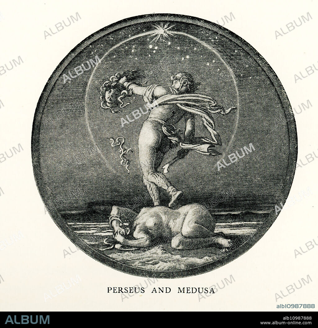 To protect his mother, Danae, the mythical Greek hero Perseus accepted the task assigned him by a king named Polydictes of slaying the monster Medusa, whose hair was snakes and whose eyes turned all to stone who gazed at them. In this 1914 illustration Perseus, prepares to slay Medusa. Helping him find Medusa was his guide, the messenger god Hermes (Mercury to the Romans), and Athena. With them he had found the three daughters of Porcus and Ceto (who was a sister to the Gorgons). They were named Enyo, Pephredo, and Deino and were old from birth. They shared one eye and one tooth, as seen here, which they took turns using. Perseus took the eye and tooth until the sisters gave him the magic knapsack, winged sandals, and helmet that rendered him invisible,Äîall of which are seen here and helped him get to Medusa and kill her. Elihu Vedder (1836-1923) was an American symbolist painter, book illustrator, and poet, born in New York City. He is best known for his fifty-five illustrations for Edward FitzGerald's translation of The Rubaiyat of Omar Khayyam.
