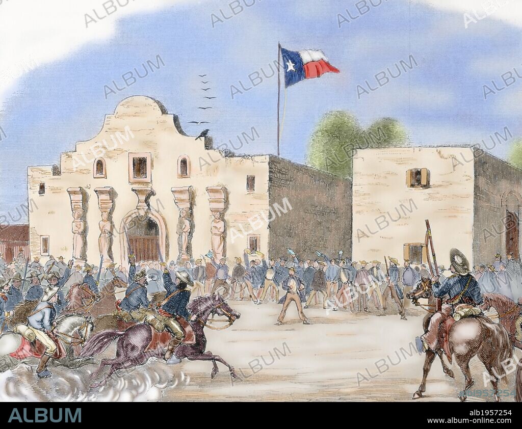 HISTORIA DE LOS ESTADOS UNIDOS. ANEXION DE TEXAS. En diciembre de 1845, durante el mandato de James Knox POLK, Texas se convirtió en estado de la Unión. La anexión supuso la guerra con México de 1846-1848. "BANDERA DEL ESTADO DE TEXAS ONDEANDO SOBRE EL ALAMO, SAN ANTONIO, TRAS SER ADMITIDA EN LA UNION, UN MES ANTES DE INICIARSE LA GUERRA CIVIL,1845". Grabado de "Harper's Weekly" (año 1861). Coloreado.