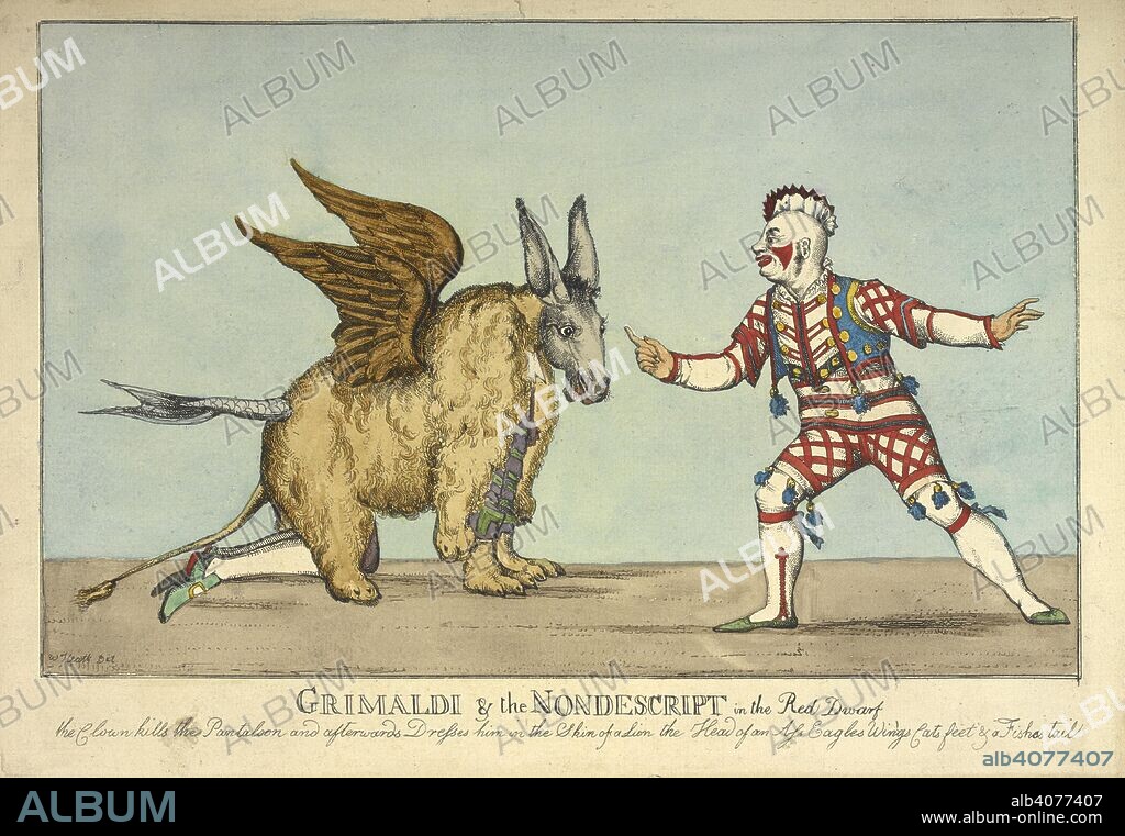 WILLIAM HEATH. Grimaldi & the nondescript in the red dwarf'.  Joseph Grimaldi (18 December 1778 â€“ 31 May 1837). An English actor, comedian and dancer, who became the most popular English entertainer of the Regency era. He expanded the role of Clown in the harlequinade that formed part of British pantomimes. He became so dominant on the London comic stage that harlequinade Clowns became known as "Joey", and both the nickname and Grimaldi's whiteface make-up design were, and still are, used by other types of clowns. Memoirs of J. G., edited by â€œBozâ€ [i.e. C. Dickens]. With illustrations by G. Cruikshank. London, 1838. Source: Dex.315.(3), page 104.