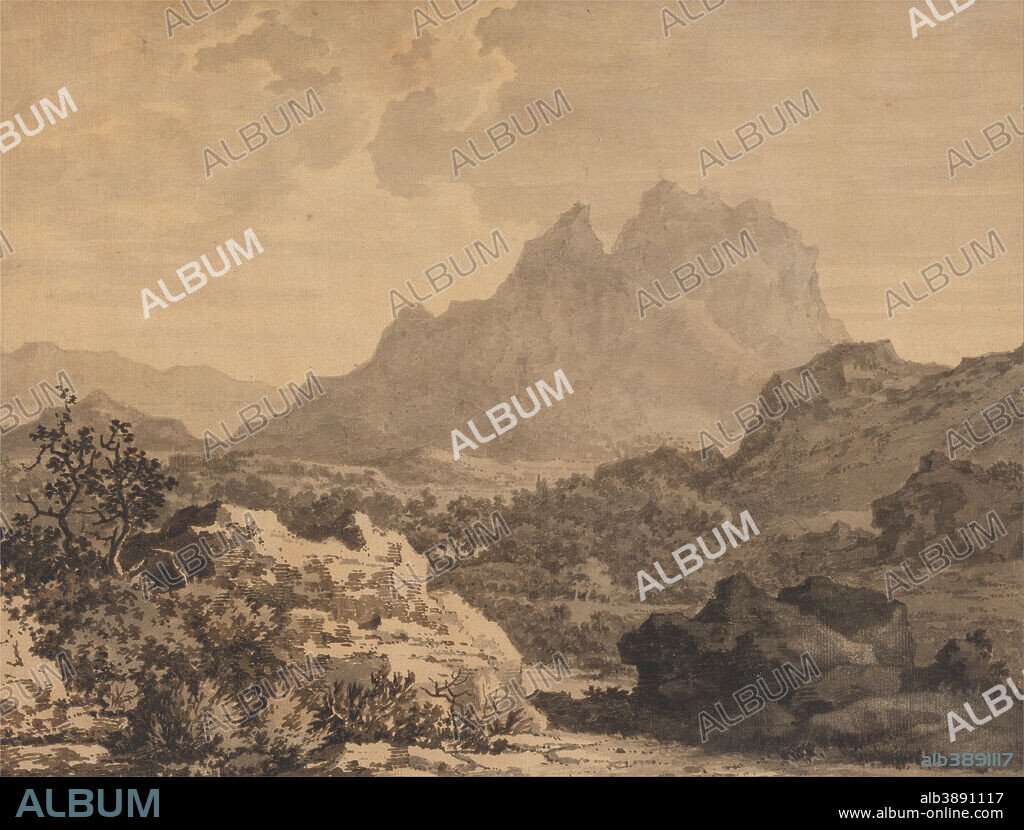 ALEXANDER COZENS. Mountainous Landscape. Date/Period: Ca. 1780. Painting. Watercolor. Height: 241 mm (9.48 in); Width: 318 mm (12.51 in).