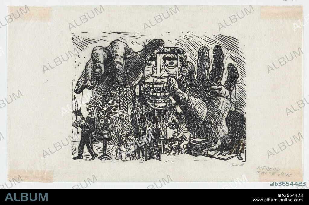 A puppeteer and his puppets, illustration for 'El Sombrerón'. Artist: Alfredo Zalce (Mexican, Pátzcuaro, Michoacán 1908-2003 Morelia). Dimensions: Sheet: 5 5/8 × 9 3/8 in. (14.3 × 23.8 cm)
Image: 4 1/8 × 5 1/2 in. (10.5 × 14 cm). Date: 1945.