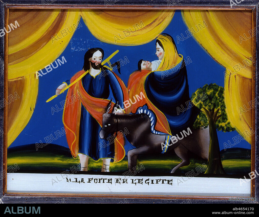 ' La fuite en Egypte.' Marie, Joseph et l'enfant Jesus quittent Nazareth pour echapper a la fureur du roi Herode qui a ordonne que l'on tue tous les garcons nouveaux-nes du pays. Peinture derriere verre, debut 19eme siecle. Musee des Beaux-arts d'Epinal. Credit: Photo Prud'homme/KHARBINE-TAPABOR.