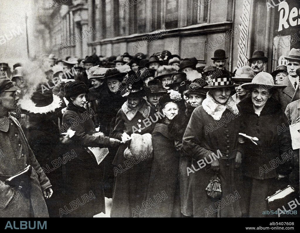 Election for the National Assembly, Berlin. Women voters, for the first time granted privilege of equal suffrage, in front of ballot bureau where votes are cast. In Germany women were granted the right to vote and be elected from November 12, 1918. The Weimar Constitution established a new Germany and extended the right to vote to all citizens above the age of 20. Underwood & Underwood, February 28, 1919 (cropped and cleaned).