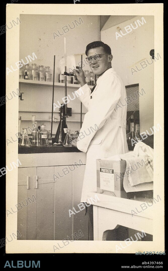 Digital Photograph - Brian Daniel in Research Laboratory, Kodak Australasia Pty Ltd, Abbotsford, Victoria, 1948-1949, Digital copy of a framed, black and white photograph of former Kodak Australasia Pty Ltd employee, Brian Daniel, in the Research Laboratory at Kodak's Abbotsford plant circa 1948-1949, shortly after Brian commenced working for Kodak. The photograph was taken by Bert Anderson, Brian's manager. This photograph complements the Kodak Heritage Collection of products, promotional materials,.