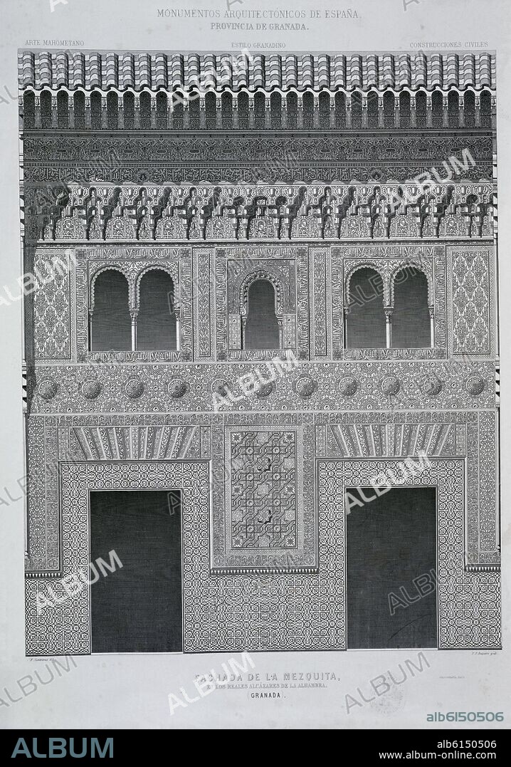 AUTOR LIBRE 01307. GRABADO DE LA FACHADA DE COMARES EN LA ALHAMBRA DE GRANADA.