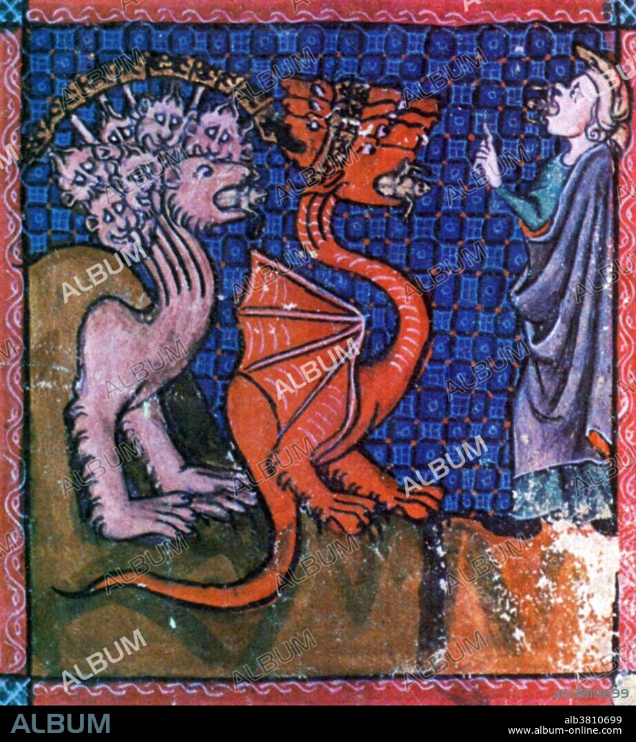 The Beast, Dragon and False Prophet Vomit Frogs, Apocalypse. "And I saw three unclean spirits like frogs come out of the mouth of the Dragon, and out of the mouth of the Beast, and out of the mouth of the False Prophet. For they are the spirits of the devils', working miracles, which go forth unto the Kings of the Earth and of the whole world, to gather them to the Battle of that Great Day of God Almighty." The first beast comes from "out of the sea" and is given authority and power by the dragon. The second beast comes from "out of the earth" and directs all peoples of the earth to worship the first beast. The second beast is also referred to as the false prophet. The two beasts are aligned with the dragon in opposition to God. They persecute Christians and influence the kings of the earth to gather for the battle of Armageddon. The image of the frog coming out of the mouth of the dragon occurs in many alchemical treatises as a symbol of preliminary forms. The two beasts are defeated by Christ and are thrown into the lake of fire. Undated medieval illuminated manuscript.