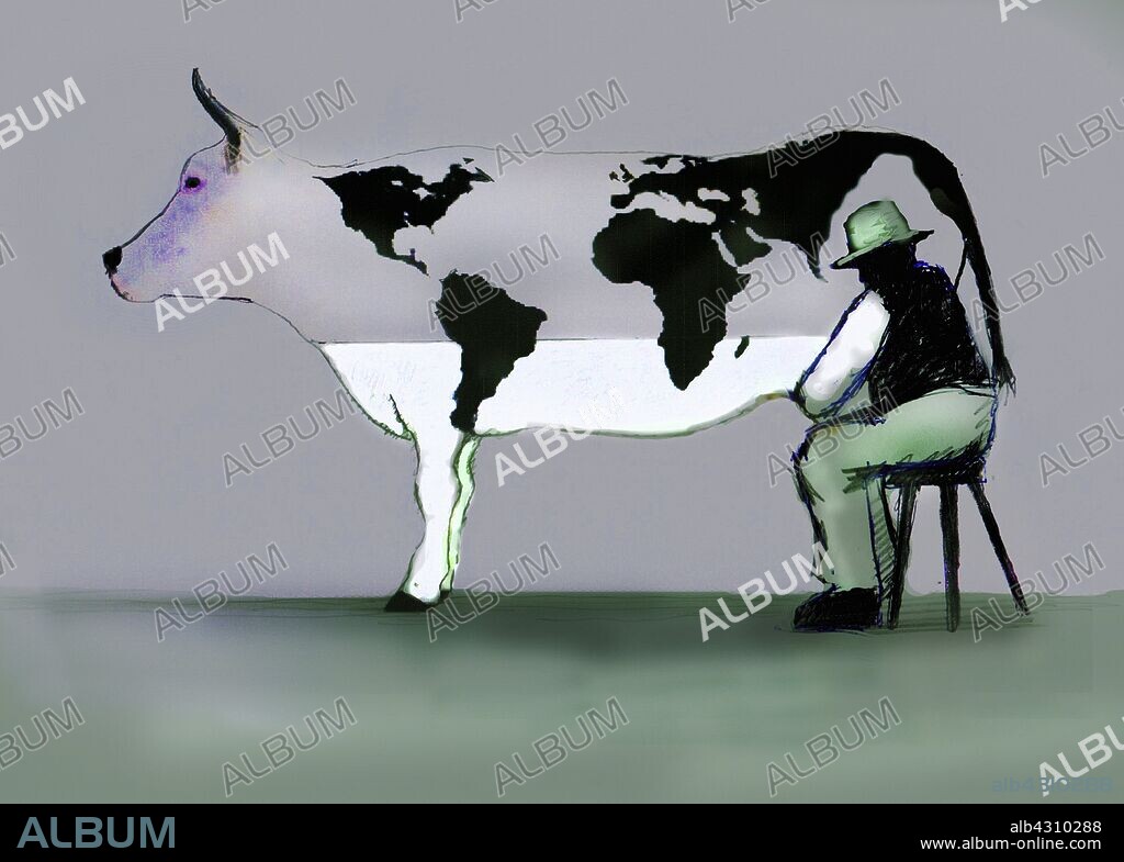 Man milking cow with world map spots.