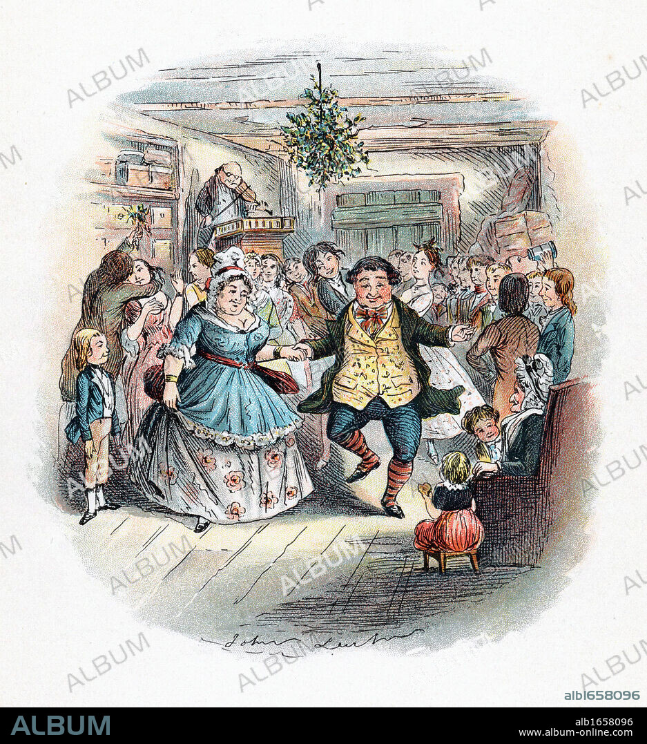 Mr Fezziwig's Ball, illustration by John Leech for A Christmas Carol by Charles Dickens( London,1843). This novella was the earliest and most popular of Dickens' Christmas stories. Scene from the end of the book shows jollity and bonhomie, with fiddler (violinist) playing for dancers. Kissing under mistletoe, left, and evergreen decoration hanging from ceiling are vestiges of pre-Christian winter rites.