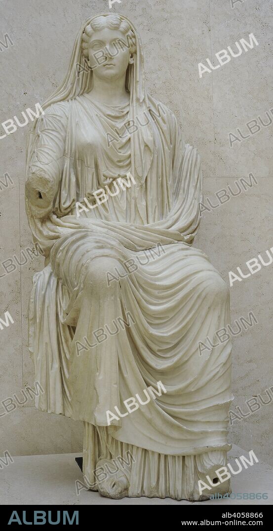 Livia Drusilla (58 BC-29 AD). Empress of the Roman Empire. Wife of Emperor Augustus. Julio-Claudian dynasty. Statue of Livia Drusilla with veil, as priestess of the cult of Augustus Divine. 14-19 AD. Marble. From Paestum, Italy. National Archaeological Museum. Madrid. Spain.