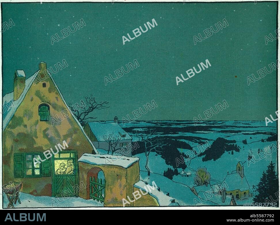 Gruber, Franz Xaver; Kirchenmusiker. 1787-1863. Werke: Stille Nacht, heilige Nacht (1818; Text von Josef Mohr). "Die heilige Nacht". Farblithographie nach Zeichnung von Ernst Liebermann (1869-1960). Aus: Kindersang-Heimatklang, Kinder- und Volkslieder, Tonsatz von Bernhard Scholz, Bd. 2, Mainz (J.Scholz) o. J. Berlin, Sammlung Archiv für Kunst und Geschichte.