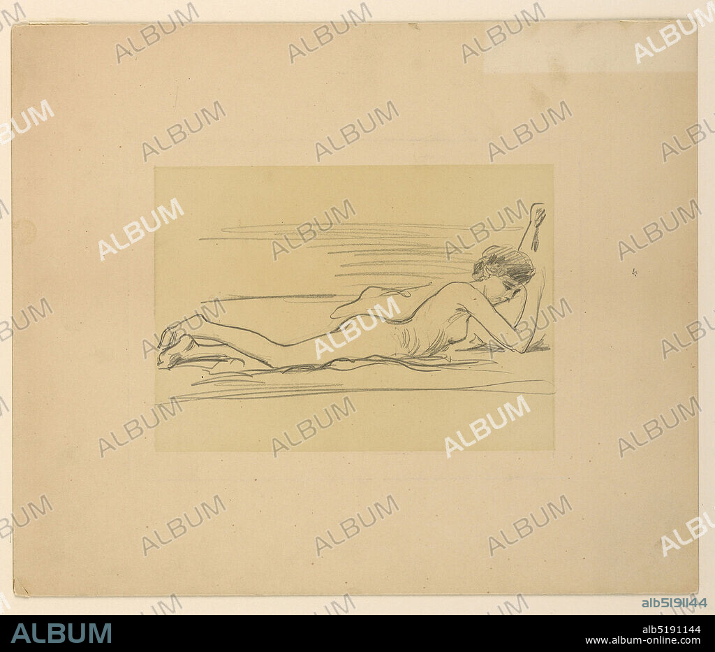 Sketch of Female Nude, James Wells Champney, American, 18431903, Graphite on paper, Nude female figure lying front downward, resting head on right hand, with left arm raised., USA, ca. 1890, figures, Drawing, Drawing.